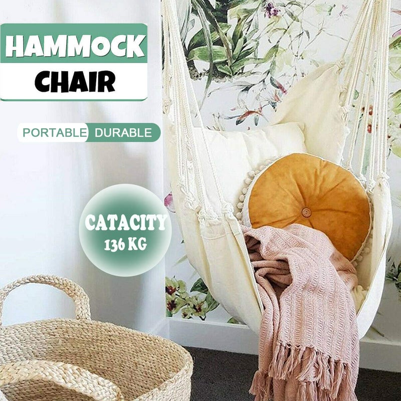 Hatisan Hammock Chair Hanging Rope Swing Seat for Indoor Outdoor, Sturdy Cotton Weave Hammock Swing, Max 300Lbs Hanging Hammock Chair (Pole and Pillows NOT Included, Gray) - Image 3